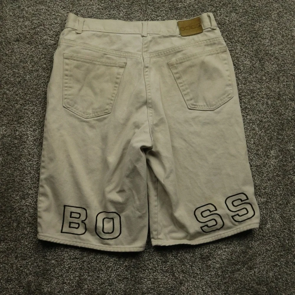 Vintage BOSS Shorts Men's 32  Beige Casual Wear Distressed y2k Graphic